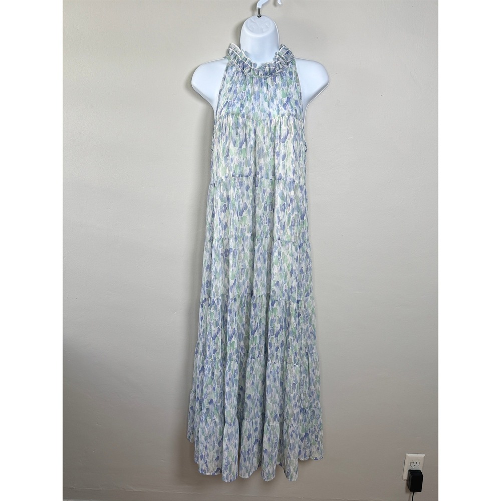 Entro Maxi Dress Womens‎ S Blue Green Watercolor Boho Tiered Halter Ruffle Neck
